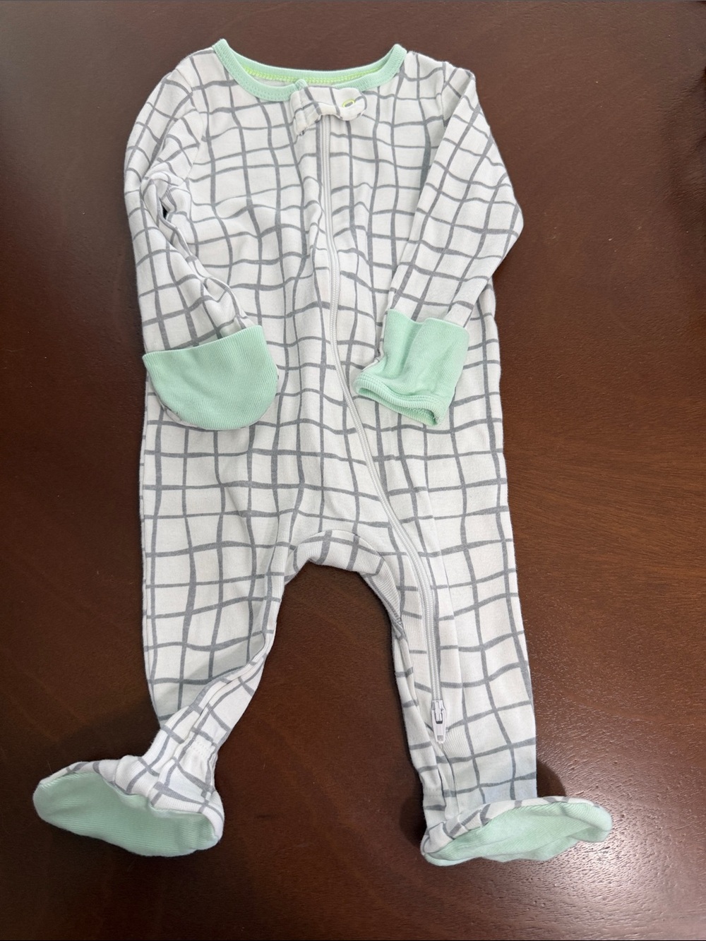cloud island White Grid Footed Baby One-Piece with Mint Trim